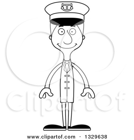 Lineart Clipart of a Cartoon Black and White Happy Tall Skinny White Man Boat Captain - Royalty Free Outline Vector Illustration by Cory Thoman