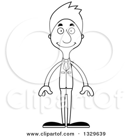 Lineart Clipart of a Cartoon Black and White Happy Tall Skinny White Business Man - Royalty Free Outline Vector Illustration by Cory Thoman