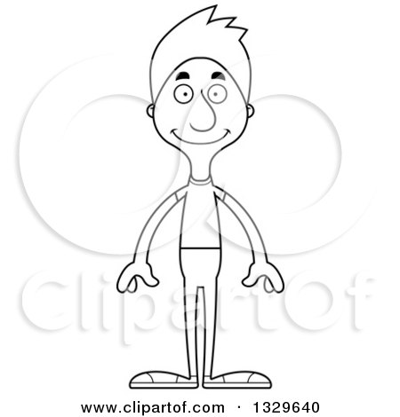 Lineart Clipart of a Cartoon Black and White Happy Tall Skinny White Casual Man - Royalty Free Outline Vector Illustration by Cory Thoman