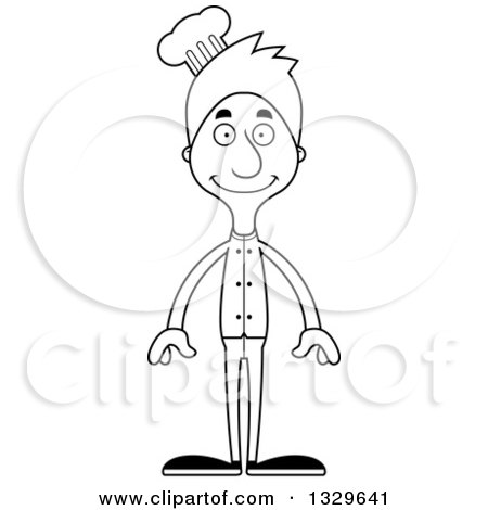 Lineart Clipart of a Cartoon Black and White Happy Tall Skinny White Chef Man - Royalty Free Outline Vector Illustration by Cory Thoman