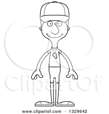 Lineart Clipart of a Cartoon Black and White Happy Tall Skinny White Man Sports Coach - Royalty Free Outline Vector Illustration by Cory Thoman
