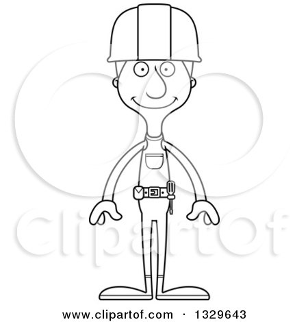 Lineart Clipart of a Cartoon Black and White Happy Tall Skinny White Construction Worker Man - Royalty Free Outline Vector Illustration by Cory Thoman