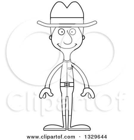 Lineart Clipart of a Cartoon Black and White Happy Tall Skinny White Man Cowoby - Royalty Free Outline Vector Illustration by Cory Thoman
