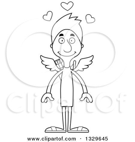 Lineart Clipart of a Cartoon Black and White Happy Tall Skinny White Man - Royalty Free Outline Vector Illustration by Cory Thoman