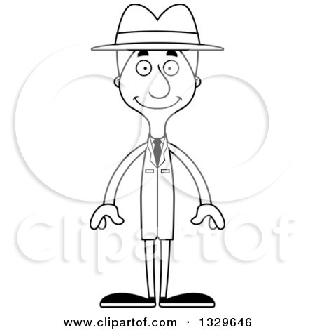 Lineart Clipart of a Cartoon Black and White Happy Tall Skinny White Detective Man - Royalty Free Outline Vector Illustration by Cory Thoman
