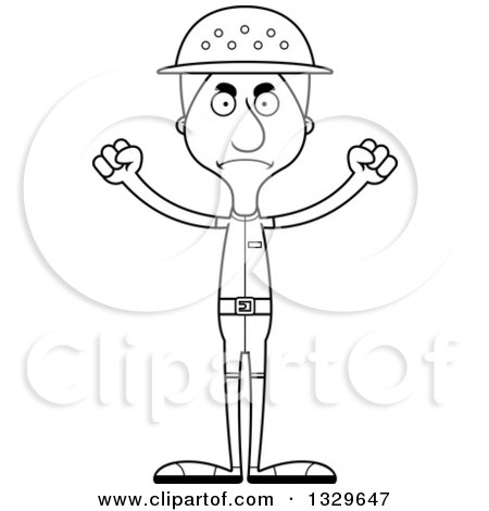 Lineart Clipart of a Cartoon Black and White Angry Tall Skinny White Zookeeper Man - Royalty Free Outline Vector Illustration by Cory Thoman