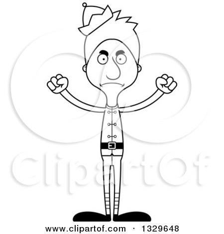 Lineart Clipart of a Cartoon Black and White Angry Tall Skinny White Christmas Elf Man - Royalty Free Outline Vector Illustration by Cory Thoman