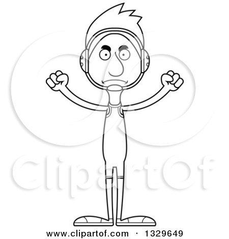 Lineart Clipart of a Cartoon Black and White Angry Tall Skinny White Man Wrestler - Royalty Free Outline Vector Illustration by Cory Thoman