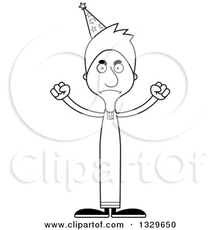 Lineart Clipart of a Cartoon Black and White Angry Tall Skinny White Wizard Man - Royalty Free Outline Vector Illustration by Cory Thoman