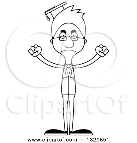 Lineart Clipart of a Cartoon Black and White Angry Tall Skinny White Man Professor - Royalty Free Outline Vector Illustration by Cory Thoman