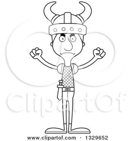 Lineart Clipart of a Cartoon Black and White Angry Tall Skinny White Viking Man - Royalty Free Outline Vector Illustration by Cory Thoman