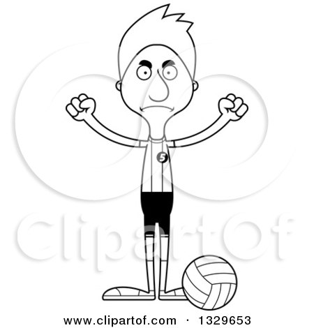 Lineart Clipart of a Cartoon Black and White Angry Tall Skinny White Man Volleyball Player - Royalty Free Outline Vector Illustration by Cory Thoman