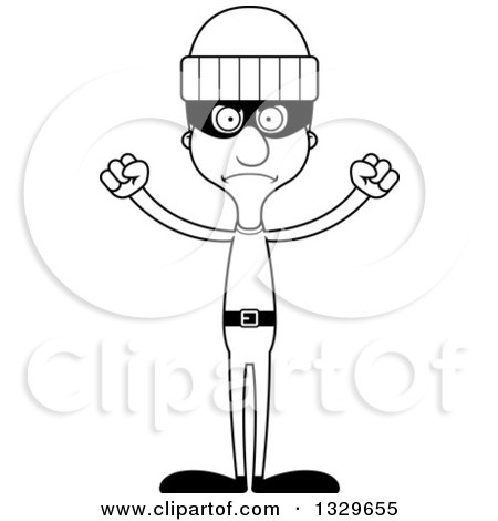 Lineart Clipart of a Cartoon Black and White Angry Tall Skinny White Robber Man - Royalty Free Outline Vector Illustration by Cory Thoman