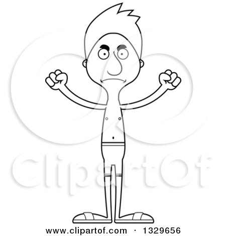 Lineart Clipart of a Cartoon Black and White Angry Tall Skinny White Man Swimmer - Royalty Free Outline Vector Illustration by Cory Thoman