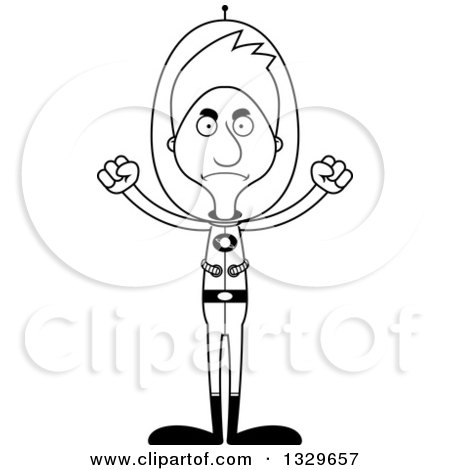 Lineart Clipart of a Cartoon Black and White Angry Tall Skinny White Futuristic Space Man - Royalty Free Outline Vector Illustration by Cory Thoman