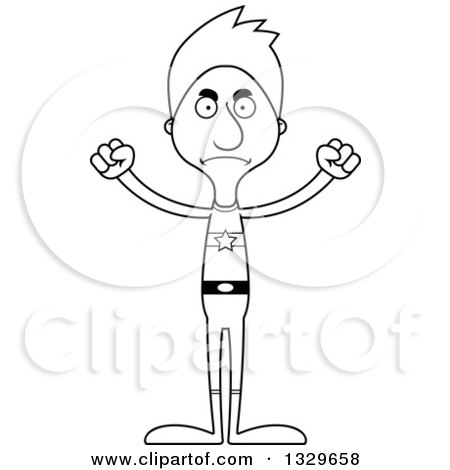 Lineart Clipart of a Cartoon Black and White Angry Tall Skinny White Super Hero Man - Royalty Free Outline Vector Illustration by Cory Thoman