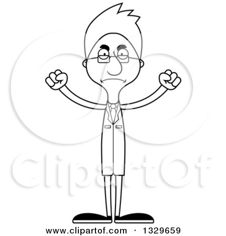 Lineart Clipart of a Cartoon Black and White Angry Tall Skinny White Scientist Man - Royalty Free Outline Vector Illustration by Cory Thoman
