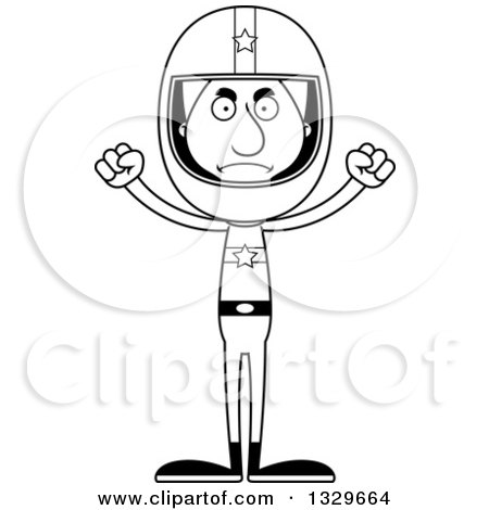 Lineart Clipart of a Cartoon Black and White Angry Tall Skinny White Man Race Car Driver - Royalty Free Outline Vector Illustration by Cory Thoman