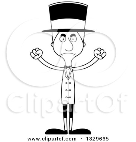 Lineart Clipart of a Cartoon Black and White Angry Tall Skinny White Man Circus Ringmaster - Royalty Free Outline Vector Illustration by Cory Thoman