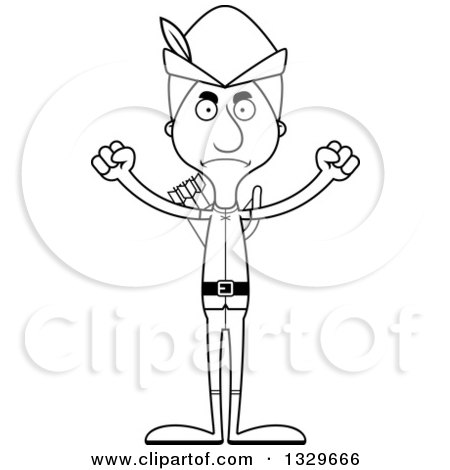 Lineart Clipart of a Cartoon Black and White Angry Tall Skinny White Robin Hood Man - Royalty Free Outline Vector Illustration by Cory Thoman