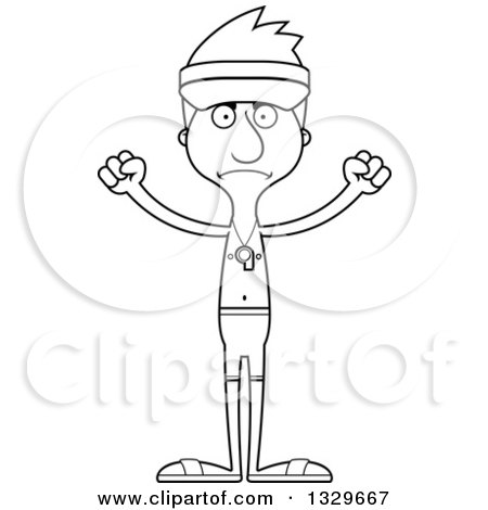 Lineart Clipart of a Cartoon Black and White Angry Tall Skinny White Lifeguard Man - Royalty Free Outline Vector Illustration by Cory Thoman