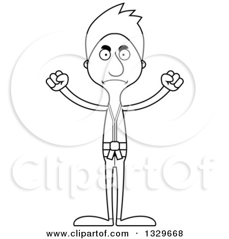 Lineart Clipart of a Cartoon Black and White Angry Tall Skinny White Karate Man - Royalty Free Outline Vector Illustration by Cory Thoman