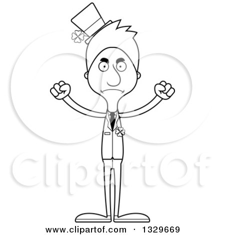 Lineart Clipart of a Cartoon Black and White Angry Tall Skinny White Irish St Patricks Day Man - Royalty Free Outline Vector Illustration by Cory Thoman