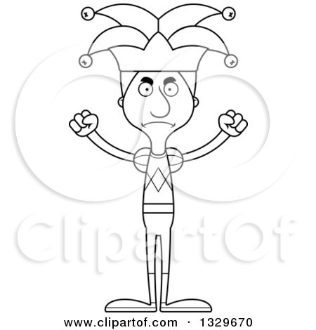 Lineart Clipart of a Cartoon Black and White Angry Tall Skinny White Man Jester - Royalty Free Outline Vector Illustration by Cory Thoman