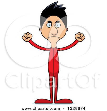 Clipart of a Cartoon Angry Tall Skinny Hispanic Man in Footie Pajamas - Royalty Free Vector Illustration by Cory Thoman