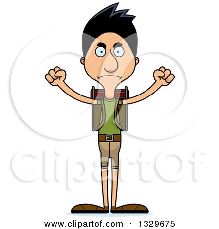 Clipart of a Cartoon Angry Tall Skinny Hispanic Man Hiker - Royalty Free Vector Illustration by Cory Thoman