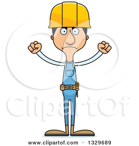 Clipart of a Cartoon Angry Tall Skinny Hispanic Man Construction Worker - Royalty Free Vector Illustration by Cory Thoman