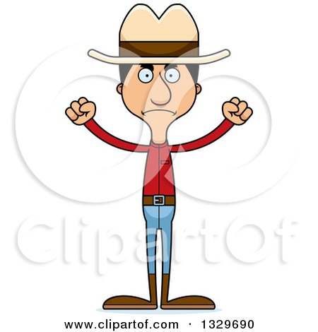 Clipart of a Cartoon Angry Tall Skinny Hispanic Cowboy Man - Royalty Free Vector Illustration by Cory Thoman