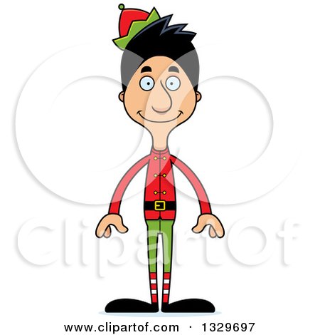 Clipart of a Cartoon Happy Tall Skinny Hispanic Christmas Elf Man - Royalty Free Vector Illustration by Cory Thoman
