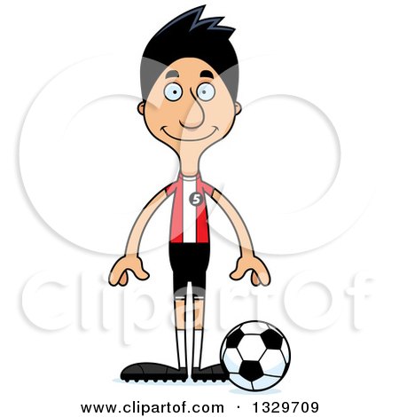 Clipart of a Cartoon Happy Tall Skinny Hispanic Man Soccer Player - Royalty Free Vector Illustration by Cory Thoman