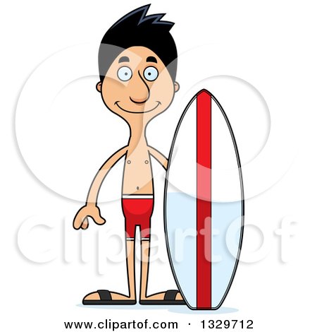 Clipart of a Cartoon Happy Tall Skinny Hispanic Man Surfer - Royalty Free Vector Illustration by Cory Thoman