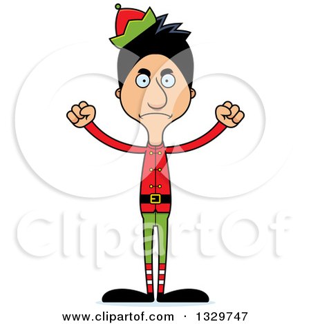 Clipart of a Cartoon Angry Tall Skinny Hispanic Christmas Elf Man - Royalty Free Vector Illustration by Cory Thoman