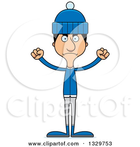 Clipart of a Cartoon Angry Tall Skinny Hispanic Man in Winter Clothes - Royalty Free Vector Illustration by Cory Thoman