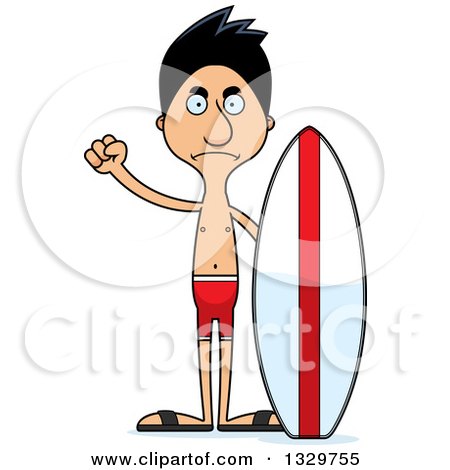 Clipart of a Cartoon Angry Tall Skinny Hispanic Man Surfer - Royalty Free Vector Illustration by Cory Thoman