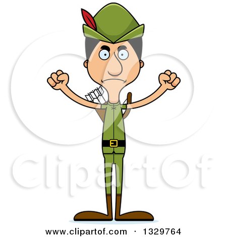 Clipart of a Cartoon Angry Tall Skinny Hispanic Robin Hood Man - Royalty Free Vector Illustration by Cory Thoman