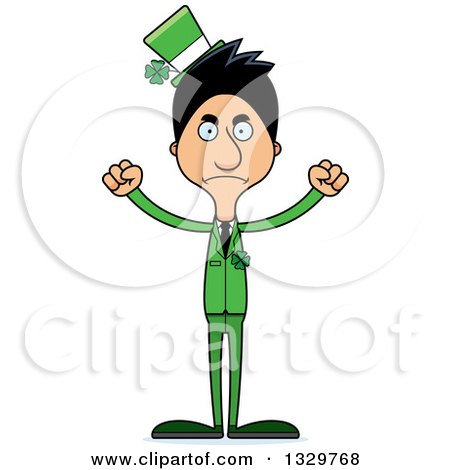 Clipart of a Cartoon Angry Tall Skinny Hispanic Irish St Patricks Day Man - Royalty Free Vector Illustration by Cory Thoman