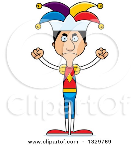 Clipart of a Cartoon Angry Tall Skinny Hispanic Man Jester - Royalty Free Vector Illustration by Cory Thoman