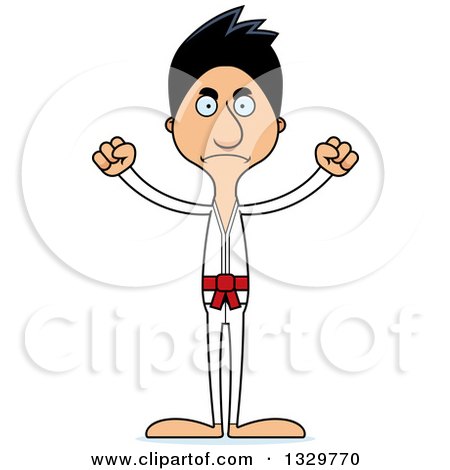 Clipart of a Cartoon Angry Tall Skinny Hispanic Karate Man - Royalty Free Vector Illustration by Cory Thoman
