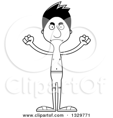 Lineart Clipart of a Cartoon Black and White Angry Tall Skinny Hispanic Man Swimmer - Royalty Free Outline Vector Illustration by Cory Thoman