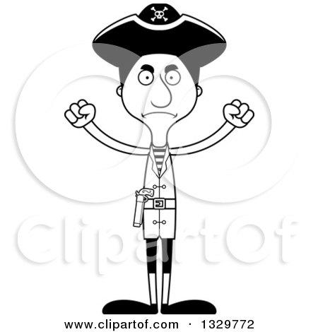 Lineart Clipart of a Cartoon Black and White Angry Tall Skinny Hispanic Man Pirate - Royalty Free Outline Vector Illustration by Cory Thoman