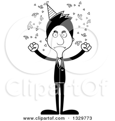 Lineart Clipart of a Cartoon Black and White Angry Tall Skinny Hispanic Party Man - Royalty Free Outline Vector Illustration by Cory Thoman