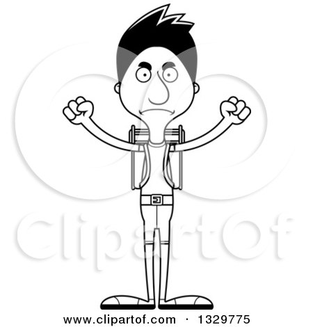 Lineart Clipart of a Cartoon Black and White Angry Tall Skinny Hispanic Man Hiker - Royalty Free Outline Vector Illustration by Cory Thoman