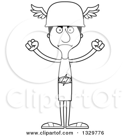Lineart Clipart of a Cartoon Black and White Angry Tall Skinny Hispanic Hermes Man - Royalty Free Outline Vector Illustration by Cory Thoman