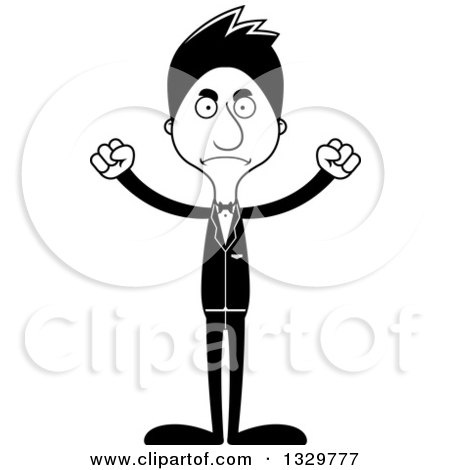 Lineart Clipart of a Cartoon Black and White Angry Tall Skinny Hispanic Man Wedding Groom - Royalty Free Outline Vector Illustration by Cory Thoman