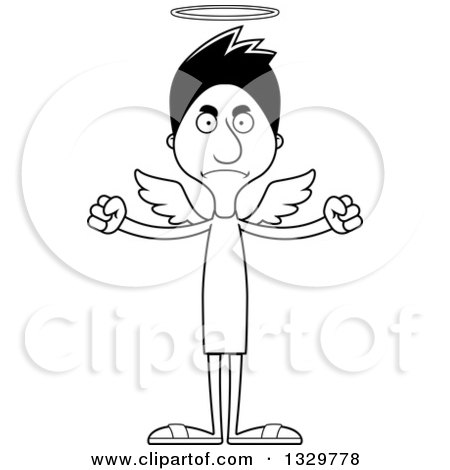 Lineart Clipart of a Cartoon Black and White Angry Tall Skinny Hispanic Man Angel - Royalty Free Outline Vector Illustration by Cory Thoman