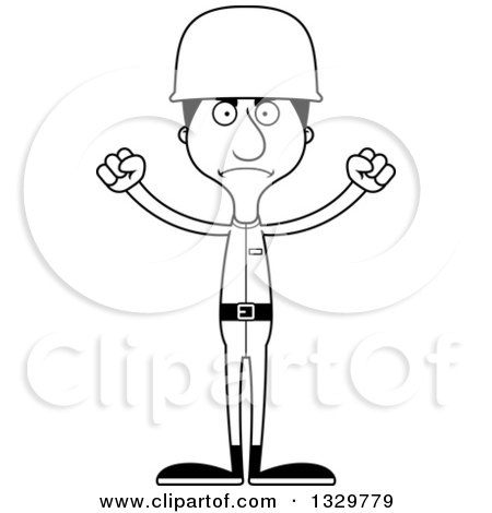 Lineart Clipart of a Cartoon Black and White Angry Tall Skinny Hispanic Man Army Soldier - Royalty Free Outline Vector Illustration by Cory Thoman